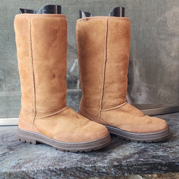 UGG Brown Suede Leather Ultra Tall Braided Back Boots Size 8 - Picture 5 of 16